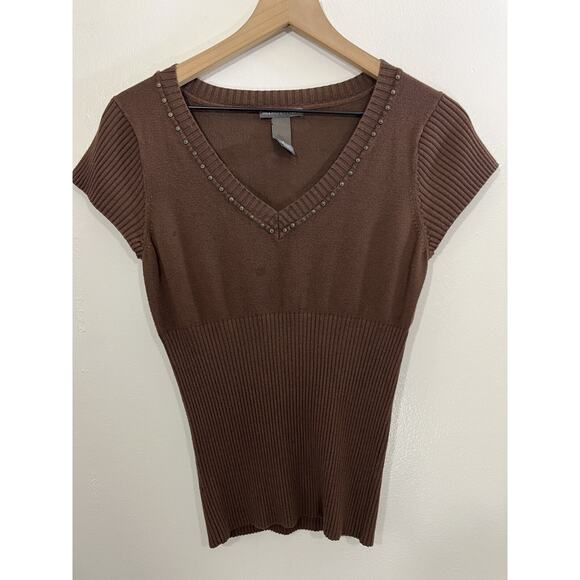Y2K 90s Ribbed Fitted V Neck Top M Minimalist Indie Edgy Casual Academia Brown - Picture 1 of 12